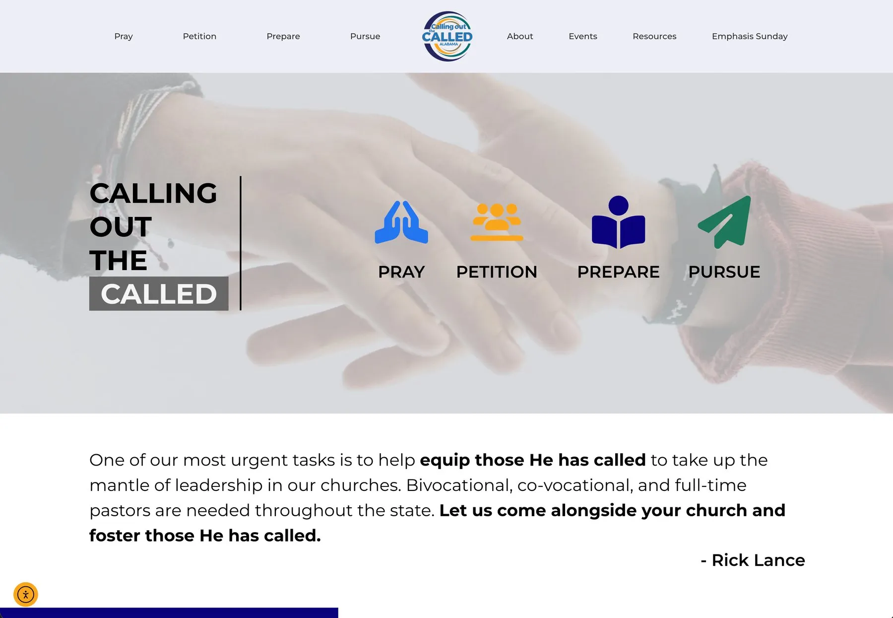 The Calling Out the Called home page, with icons for Pray, Petition, Prepare, and Pursue.