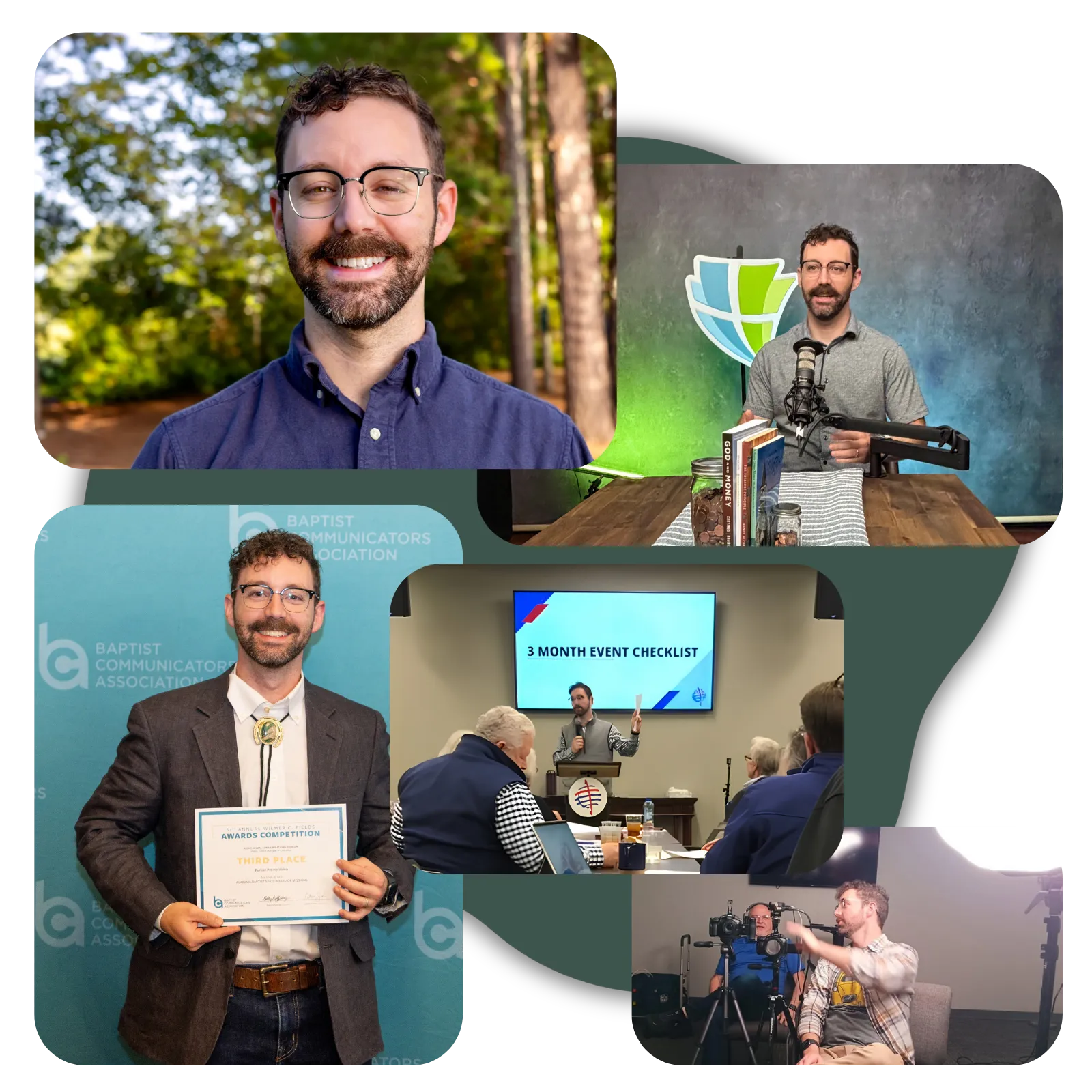 Collage of Mitchell Bruce: an outdoor portrait, recording a podcast, holding a Baptist Communicators Association award, presenting a workshop, and setting up a video interview.