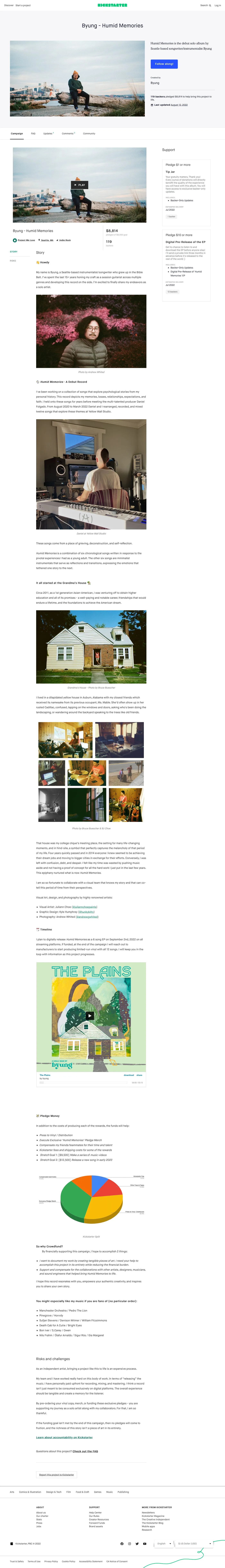 The full Kickstarter campaign page for Humid Memories by Byung.