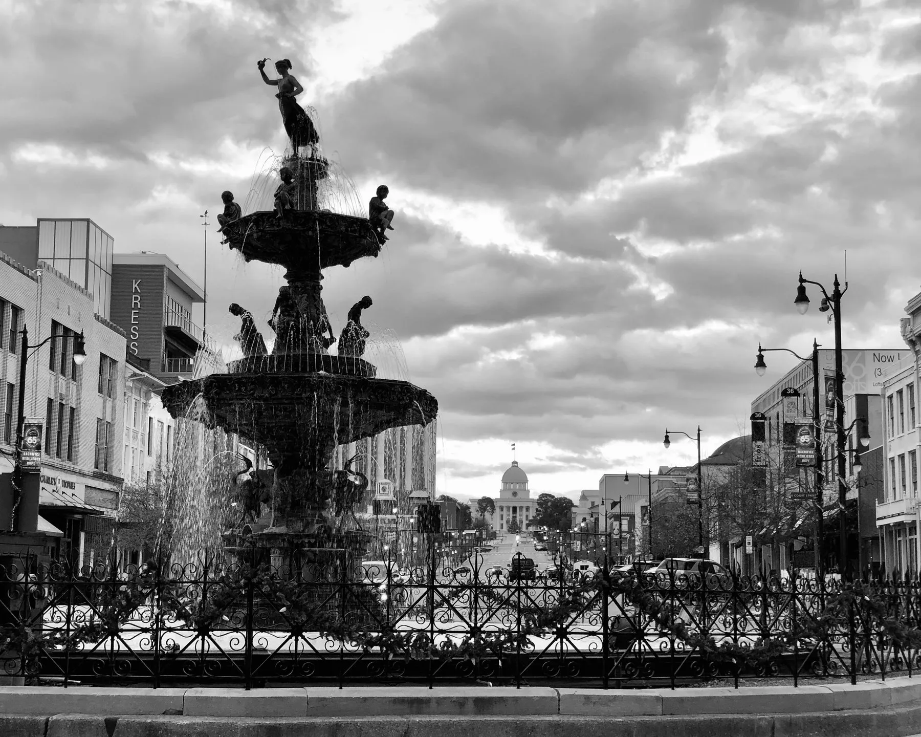 A black-and-white photo of the ornate fountain in downtown Montgomery, Alabama.