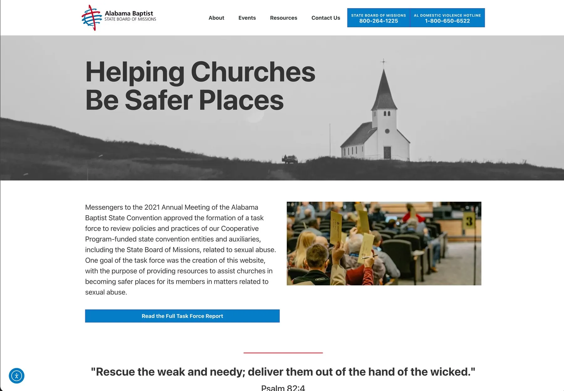 The safe.alsbom.org home page, headed Helping Churches Be Safer Places over a photo of a small white church.