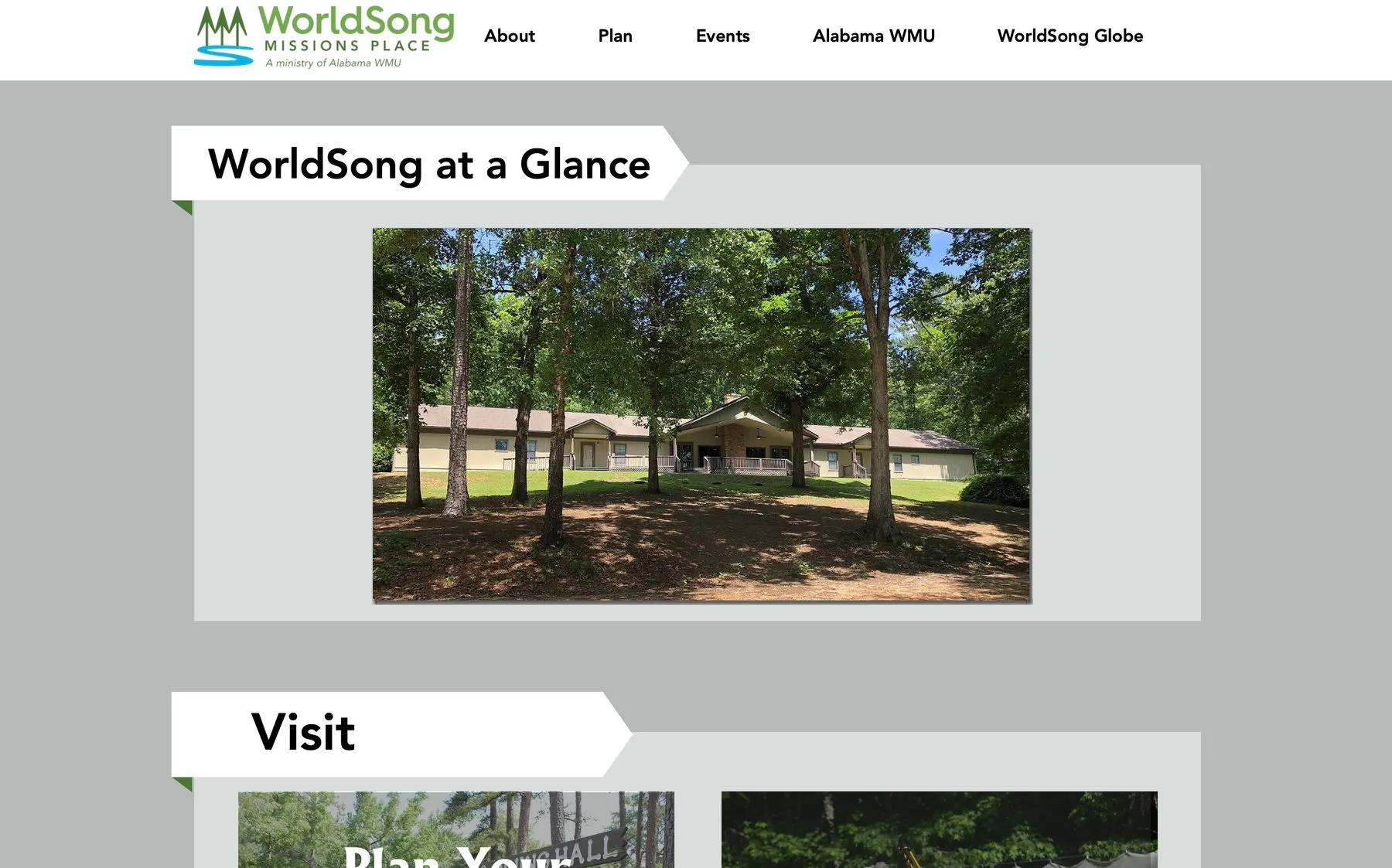 The redesigned WorldSong Missions Place home page, with a WorldSong at a Glance section and a Visit section.