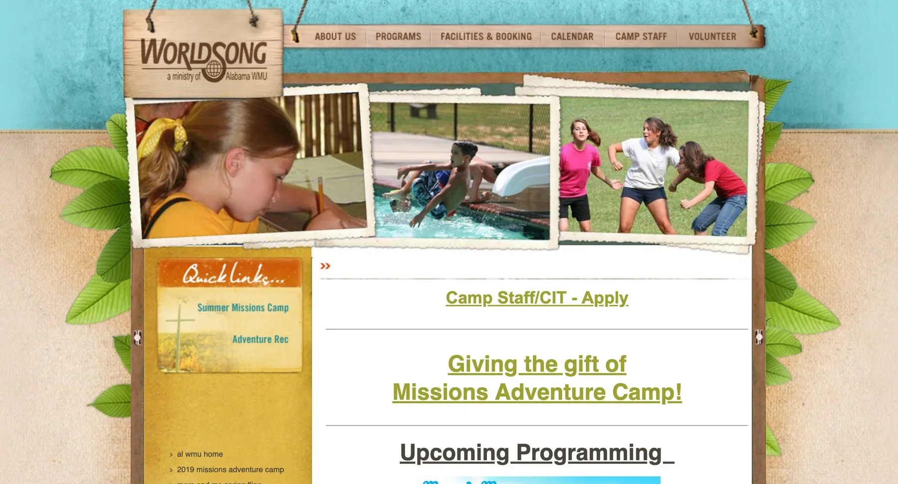 The old WorldSong camp website, with a scrapbook-style header of camp photos.