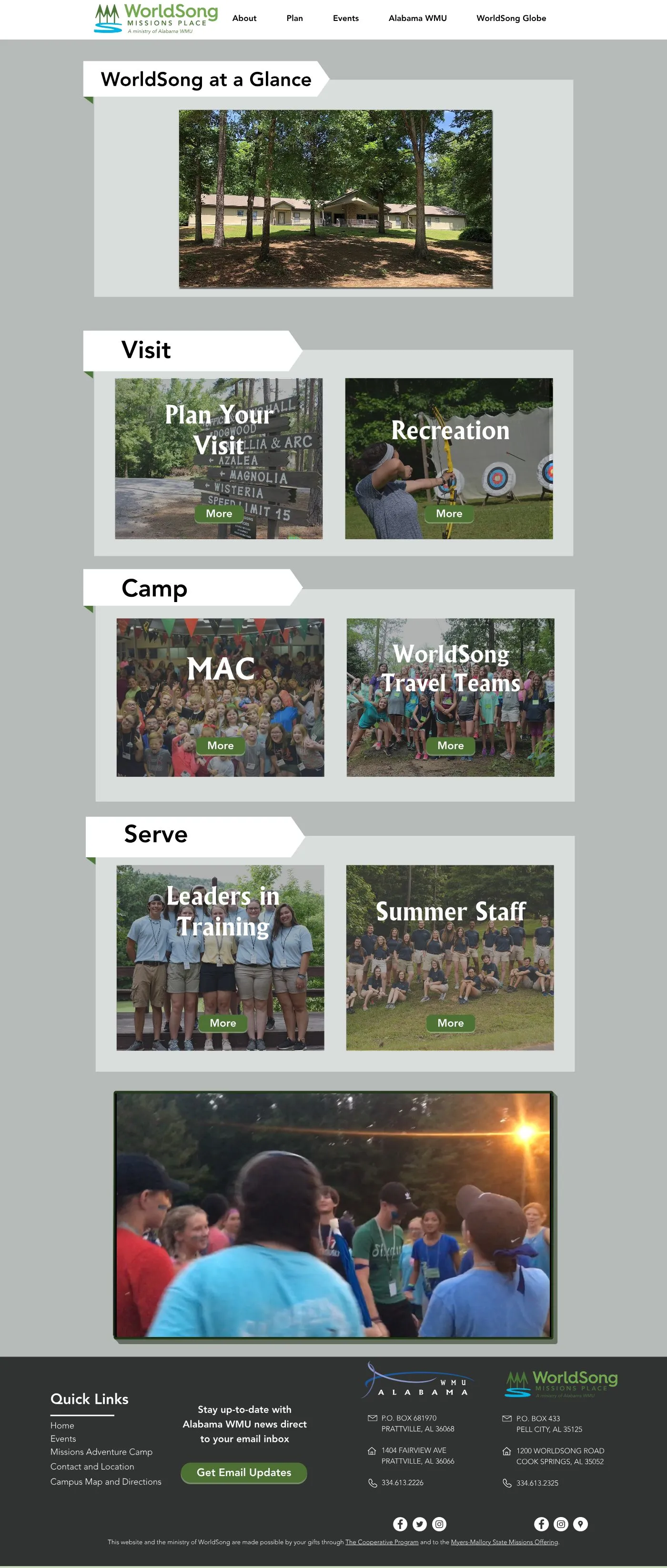 The full redesigned WorldSong Missions Place home page, with sections for Visit, Camp, and Serve.